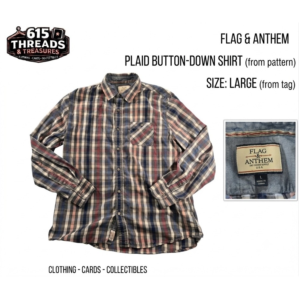 Flag & Anthem Plaid Button Down Shirt Mens Large L Long Sleeve Blue Red Plaid